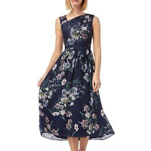 Kay Unger Navy Floral Asymmetrical Neckline Midi Dress 6